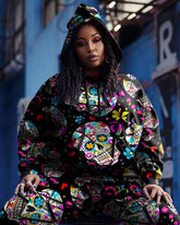 Women's Big Size Skull Petal Graffiti Hoodie Sweatpants Set